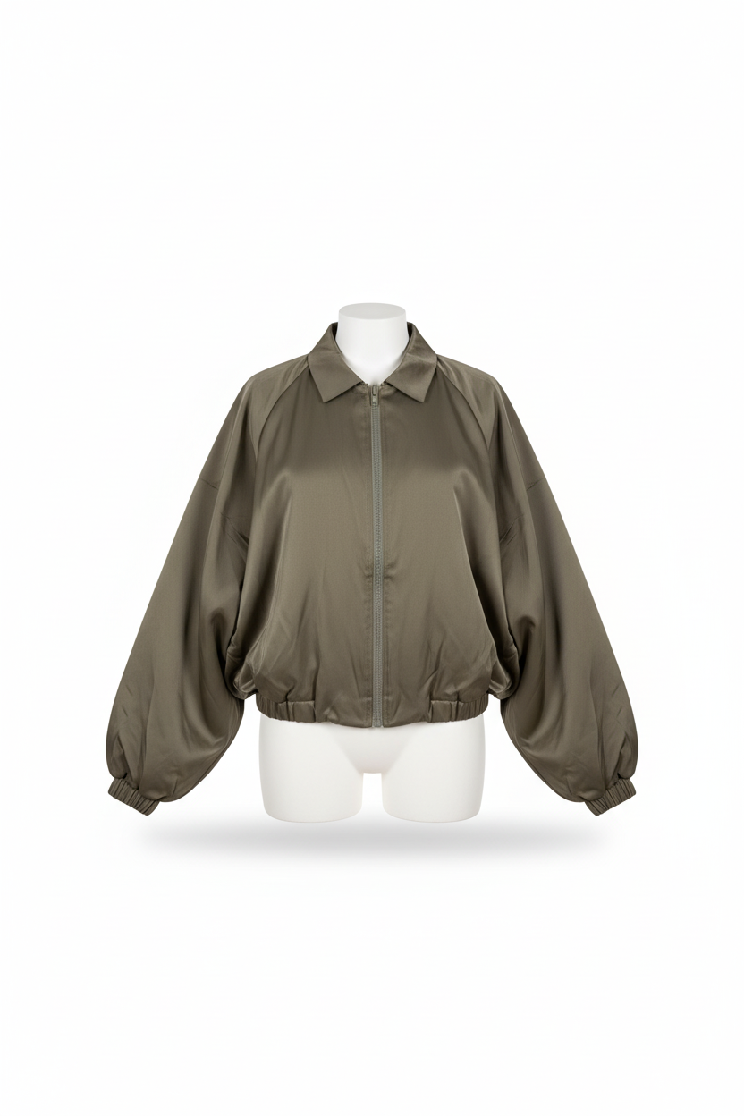 Collar Zip Up Bubble Satin Top