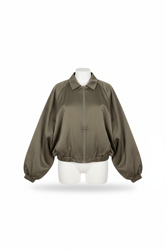 Collar Zip Up Bubble Satin Top