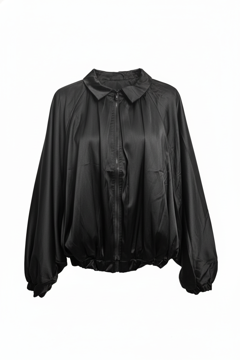 Collar Zip Up Bubble Satin Top